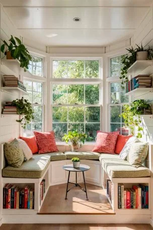 A sun-drenched tiny house living room with a large bay window. A built-in window seat with storage underneath is adorned with colorful cushions. Floating shelves on either side of the window display books and plants. A small, round coffee table sits in front of a compact loveseat. The room has a fresh, airy feel with white walls and pops of greenery.