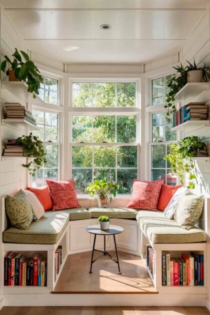 18 Tiny House Living Room Ideas to Transform Your Home 23 A sun-drenched tiny house living room with a large bay window. A built-in window seat with storage underneath is adorned with colorful cushions. Floating shelves on either side of the window display books and plants. A small, round coffee table sits in front of a compact loveseat. The room has a fresh, airy feel with white walls and pops of greenery.