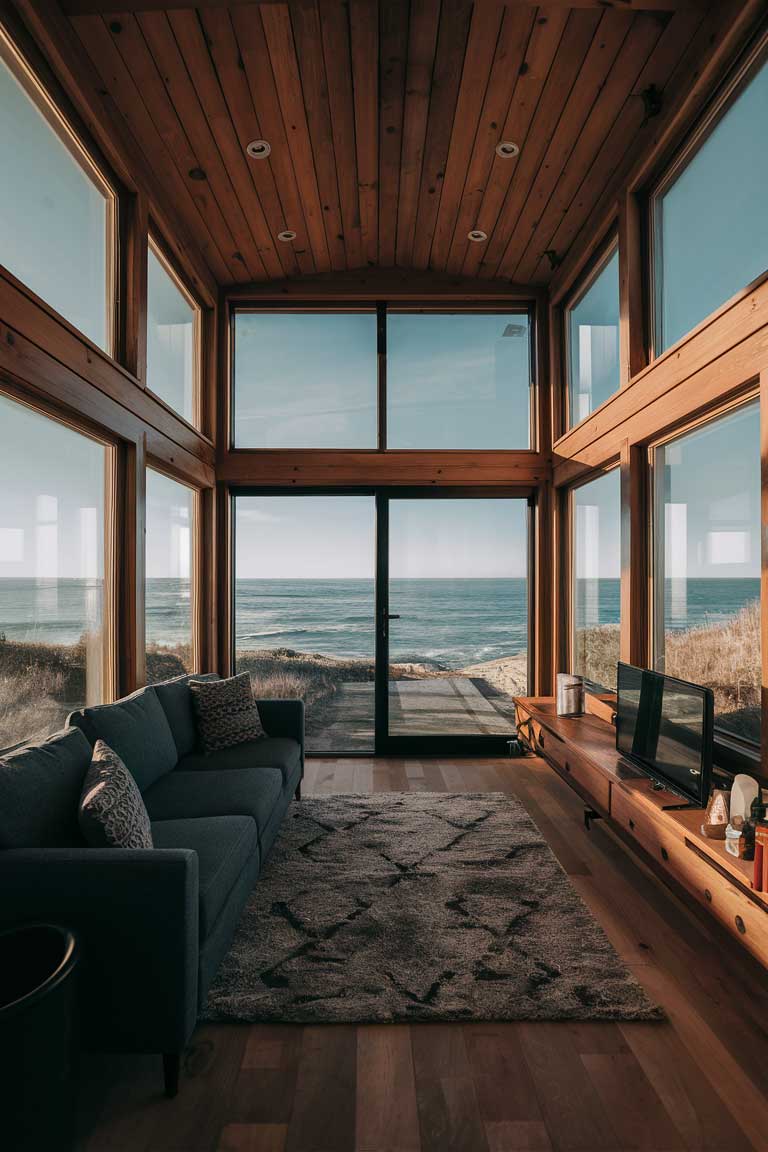 A tiny house living room with an entire wall of floor-to-ceiling windows, allowing an abundance of natural light to pour in and offering breathtaking views of the coastline.