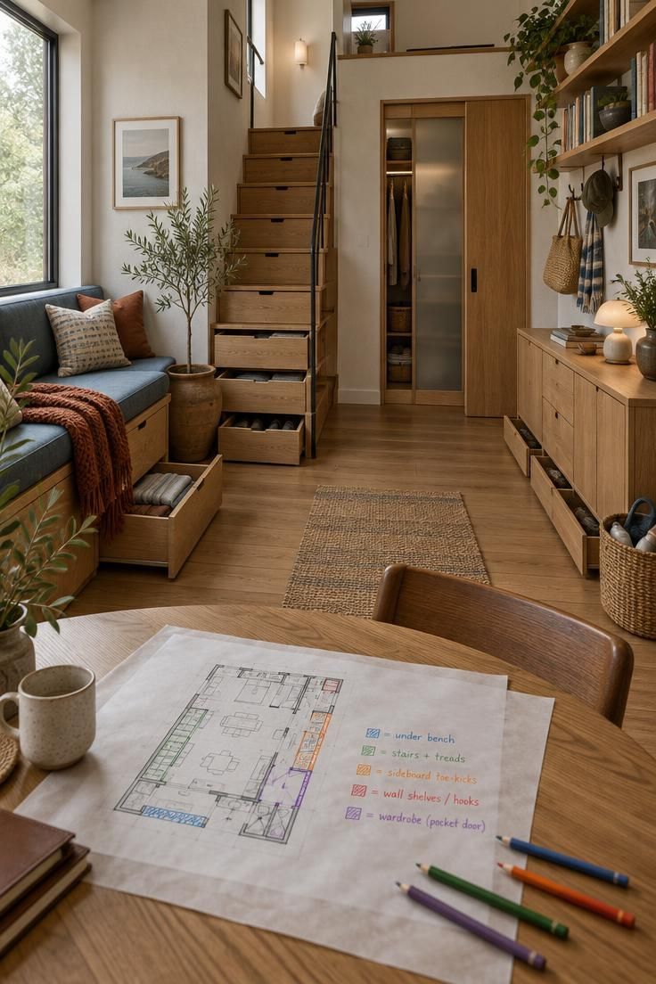 How to Plan Tiny House Storage Without Crowding Your Rooms 1 Wide interior view of a compact tiny house living space with built-in bench storage, stair-tread drawers, toe-kick drawers, high wall shelves, and a pocket-door wardrobe, plus a table and chairs in the foreground where a floor plan with tracing paper and colored pencil storage-zone markings are visible.