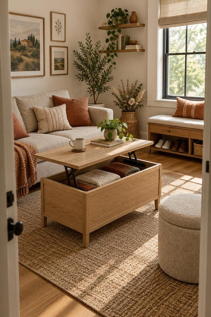 How to Plan Tiny House Storage Without Crowding Your Rooms 2 Bright midday view of a small living room from a doorway, featuring a lift-top storage coffee table with raised top revealing folded blankets, a shoe storage bench with a cushioned seat, and a single boucle storage ottoman, all in warm neutral tones with cream walls and honey-toned wood.