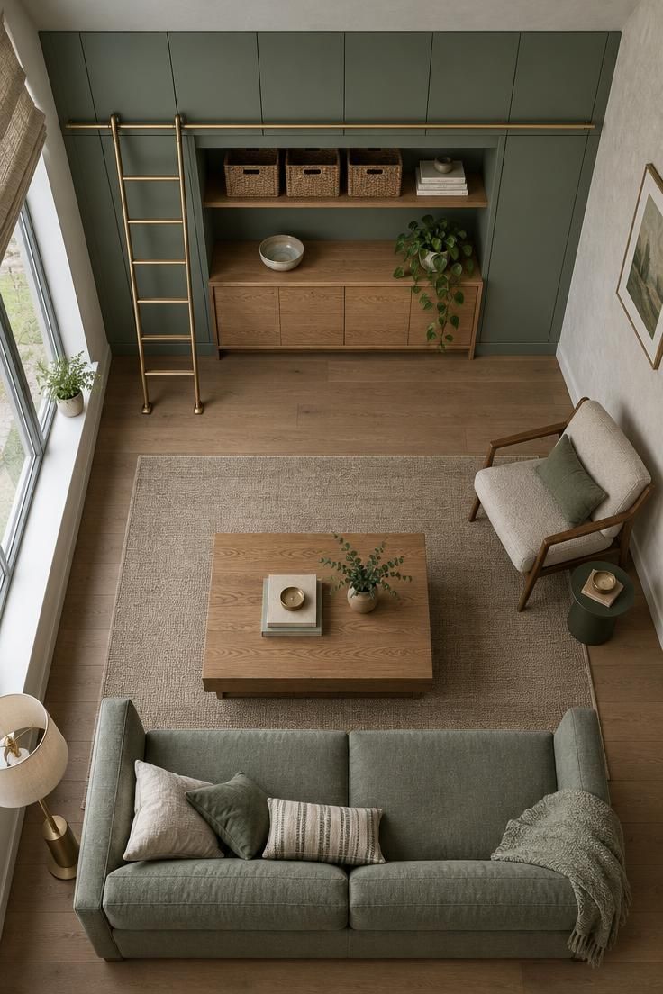 How to Plan Tiny House Storage Without Crowding Your Rooms 3 Overhead photo of a small living room with floor-to-ceiling sage green cabinets along an interior wall, a slim brass ladder, matching seagrass bins and cream books on eye-level shelves, and a low oak credenza with a trailing plant, lit by soft overcast daylight.