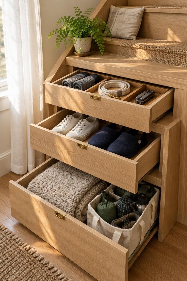 How to Plan Tiny House Storage Without Crowding Your Rooms 4 Close-up of three under-stair pull-out drawers in a tiny home, one shallow drawer holding gloves and a leash, one mid-depth drawer with folded shoes, and a deep bottom drawer with a wool blanket and tote bags, all in warm golden light beside a fern and linen cushion.