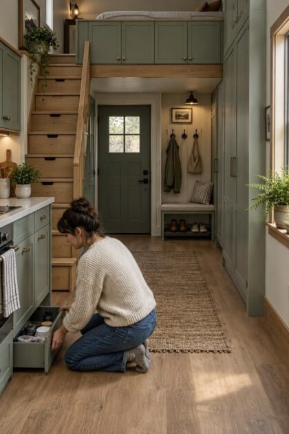 How to Plan Tiny House Storage Without Crowding Your Rooms A tidy tiny house interior with a drawer staircase, an entry drop zone with bench and hooks, a tall sage cabinet, and a person opening a toe-kick drawer beneath a compact kitchen counter.