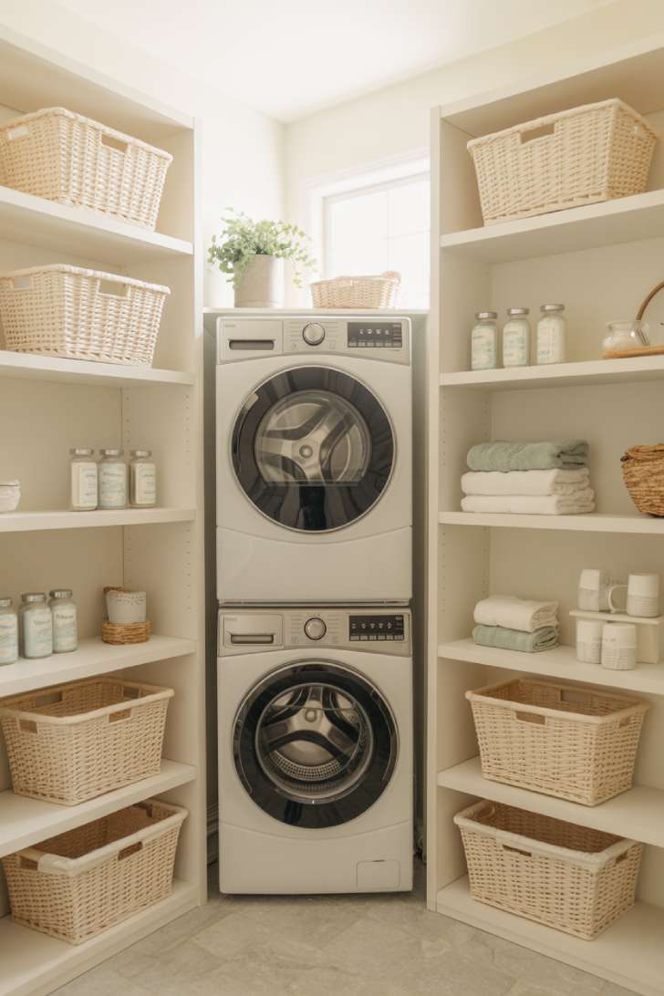 Floor-to-ceiling open shelving with baskets in a tiny laundry room
