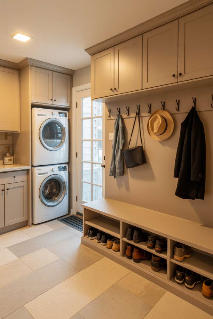 Combined laundry room and mudroom with stacked washer and dryer, built-in bench, and coat hooks