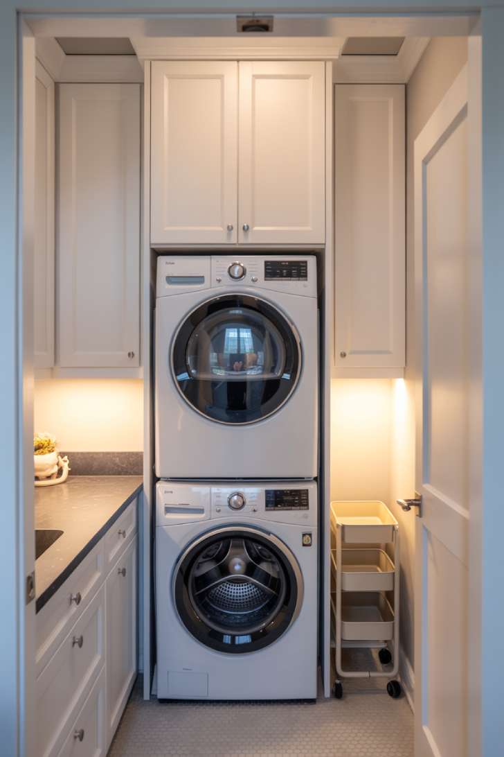 Stacked washer and dryer with built-in cabinetry and countertop in a small laundry room
