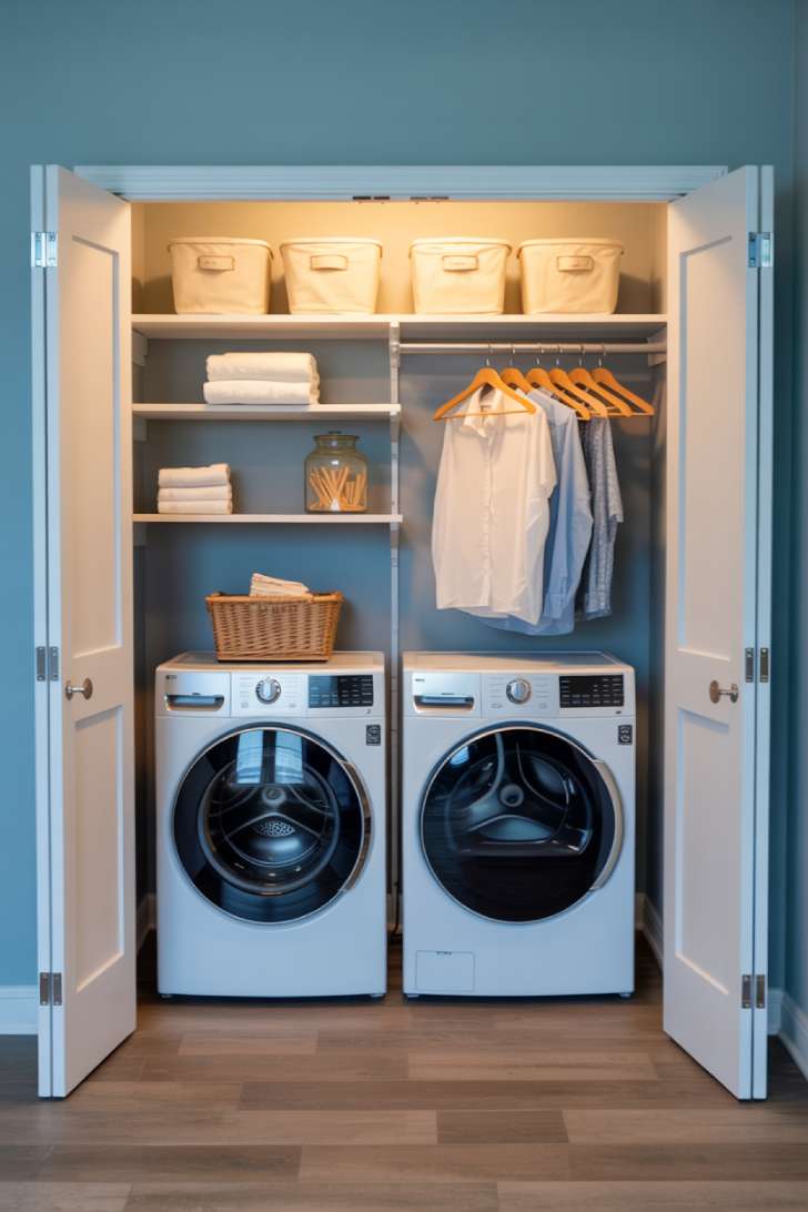 Organized laundry closet with sliding barn doors and stacked washer and dryer