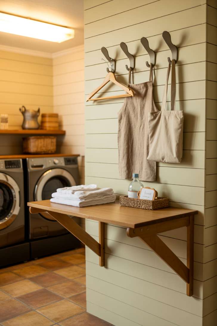 Wall-mounted fold-down folding table in a tiny laundry room with hooks above