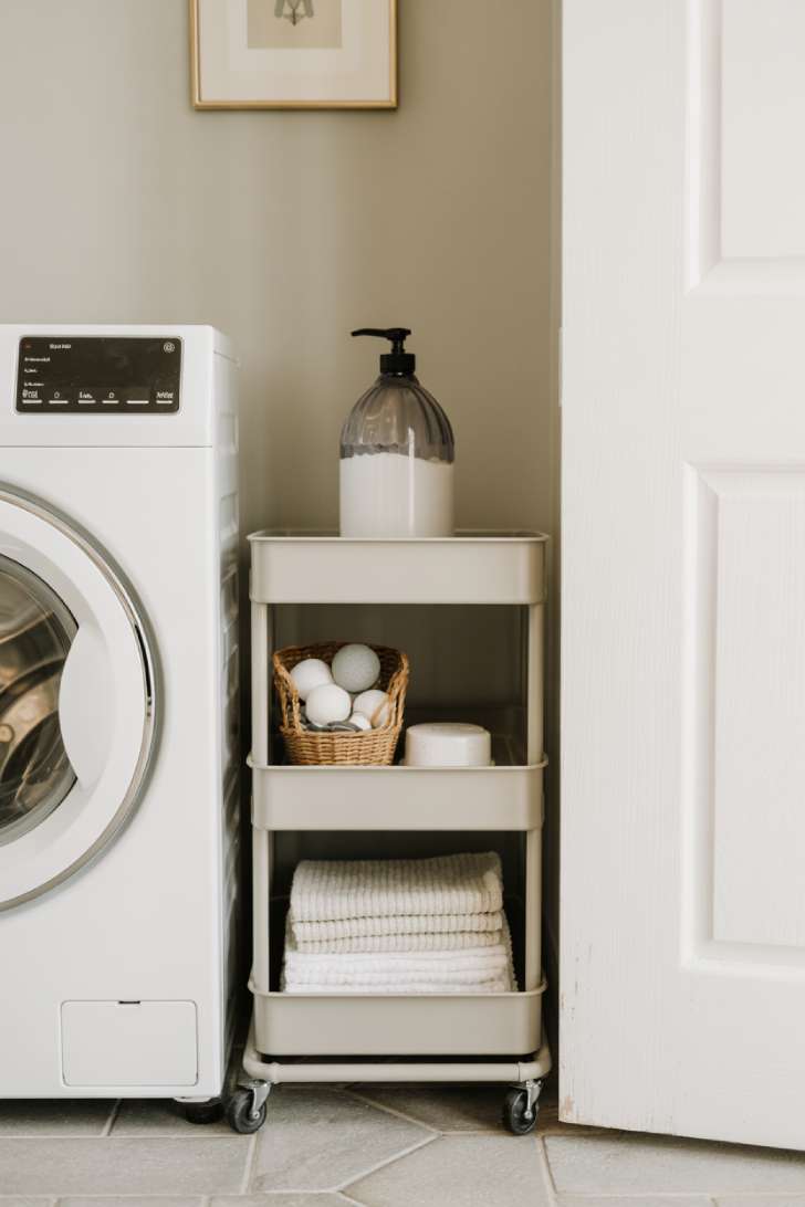 Slim white rolling cart in the gap beside a washing machine in a small laundry room