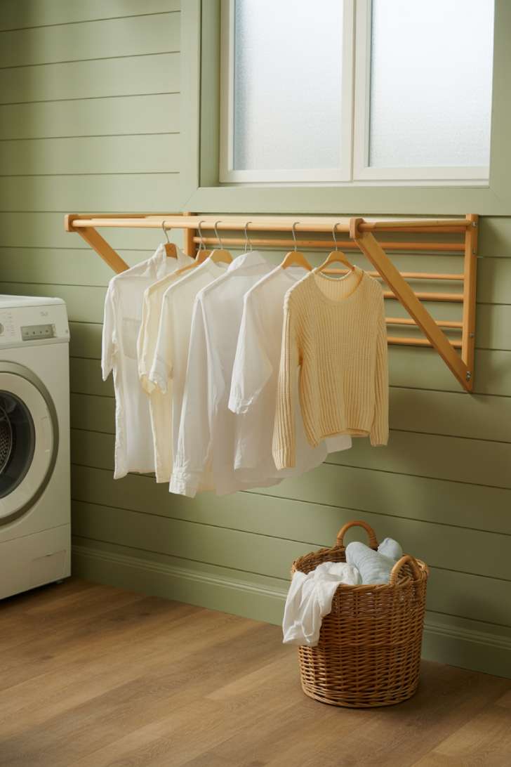 Wall-mounted wooden folding drying rack extended in a small laundry room with sage green walls