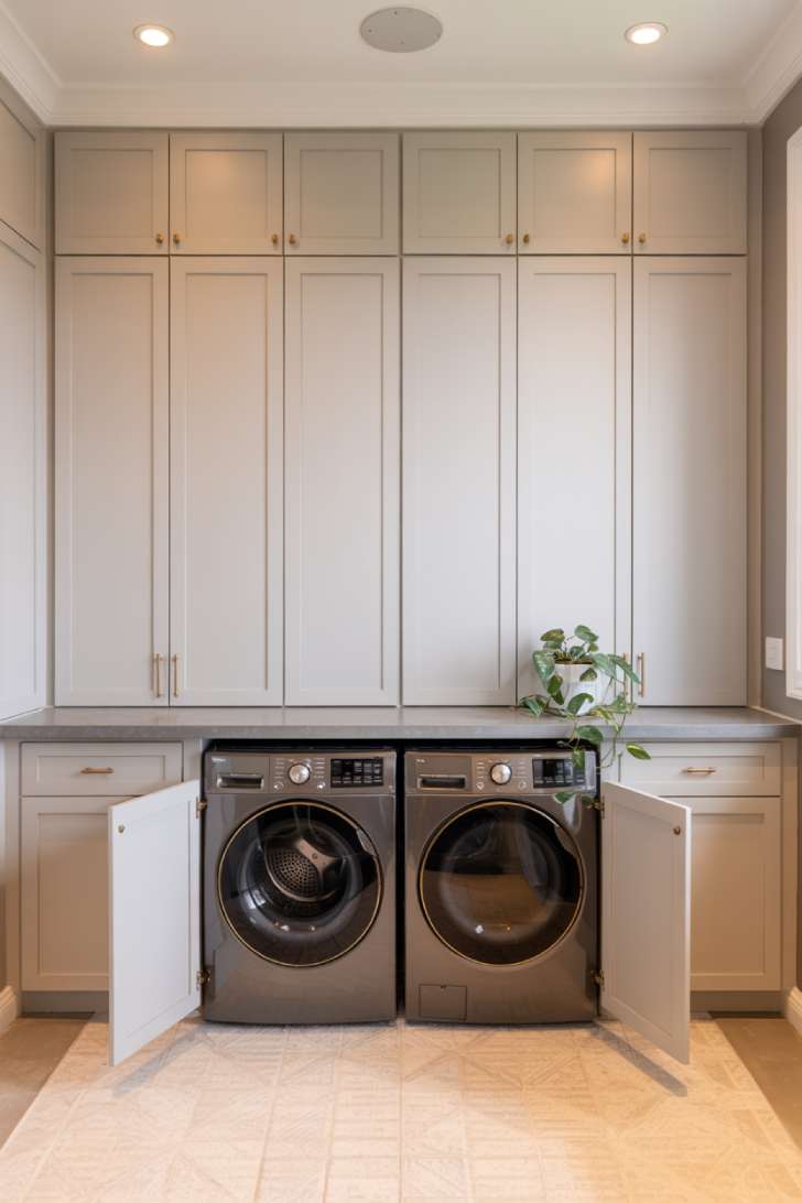 Full-height white shaker cabinetry with built-in stacked washer and dryer in a tiny laundry room