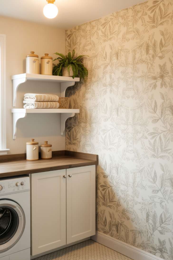 Botanical wallpaper accent wall in a small laundry room with white cabinetry and butcher block counter