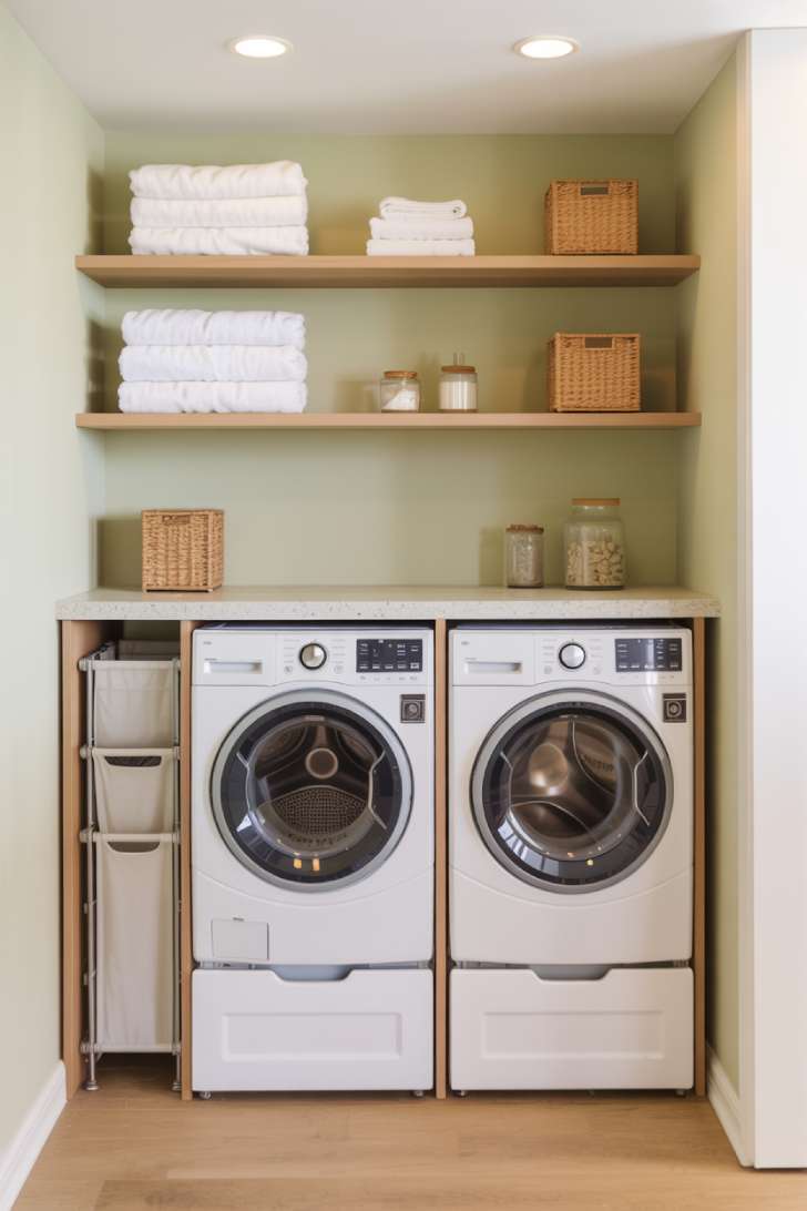 Front-loading machines on pedestal drawers with continuous quartz countertop and open shelving in a small laundry room