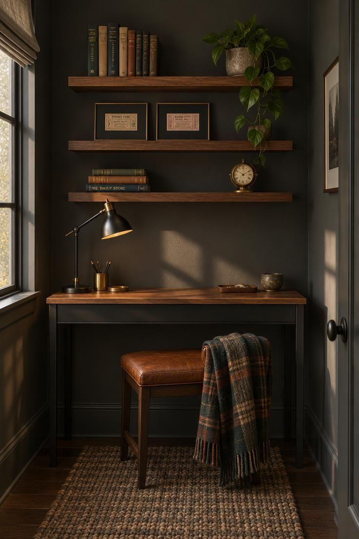 10 Cozy Tiny Man Cave Ideas for a Personal Retreat 1 A wall-facing console desk with three warm walnut shelves above, a leather-topped stool tucked underneath, books and framed ticket stubs arranged on the shelves, and a small trailing plant catching side daylight in a moody den corner.