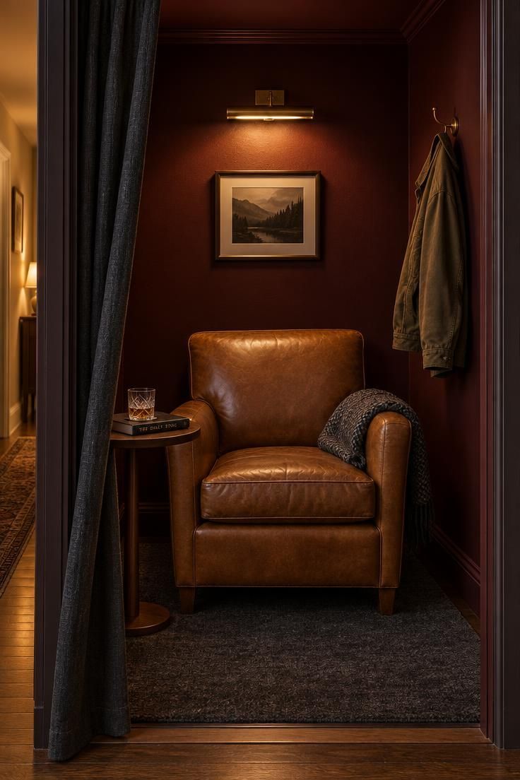 10 Cozy Tiny Man Cave Ideas for a Personal Retreat 2 A reach-in closet turned into a small retreat, with deep oxblood walls, a tan leather club chair, a round side table with a drink and book, a small brass picture light above the chair, and a dark linen curtain drawn aside at the doorway.