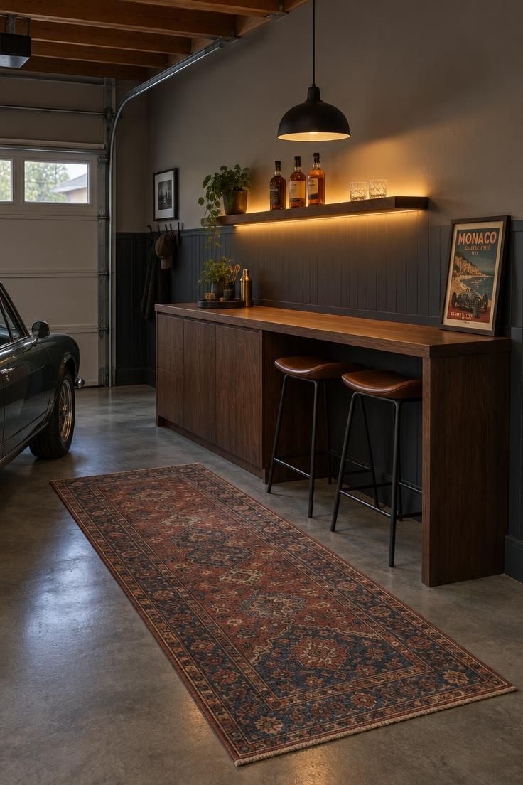 10 Cozy Tiny Man Cave Ideas for a Personal Retreat 3 A garage corner retreat with a dark walnut bar cabinet against a charcoal half-wall, a backlit shelf holding bottles and glasses, two black stools with leather seats tucked beneath, and a Persian-style runner over concrete.