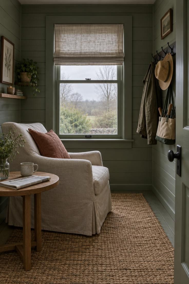 10 Cozy Tiny Man Cave Ideas for a Personal Retreat 4 A garden shed retreat with sage-green plank walls, one linen-shaded window, an oatmeal slipcovered armchair facing the light, a round oak side table, a woven jute rug, and wall hooks holding a jacket, hat, and tool tote.