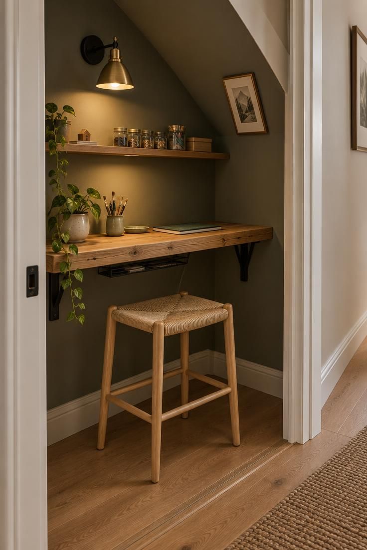 10 Cozy Tiny Man Cave Ideas for a Personal Retreat 5 An under-stair hobby room with a reclaimed fir floating desk on black steel brackets, a woven-seat oak stool underneath, a black and brass sconce on the sloped wall, a plant and supply jars on the desk, and a slim cable tray hidden beneath.