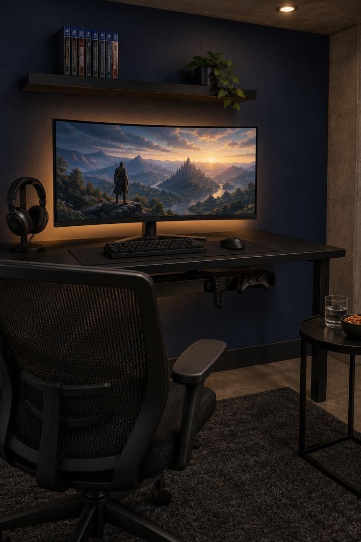 10 Cozy Tiny Man Cave Ideas for a Personal Retreat 6 A tiny man cave gaming corner with a matte black desk, a single curved monitor with warm backlight, a headphone stand, a black mesh chair pushed in, one floating shelf of game cases on a navy wall, and a slim cable tray beneath the desk.