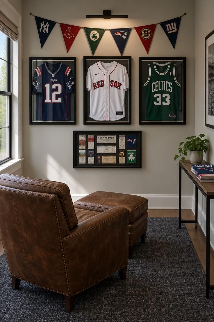 10 Cozy Tiny Man Cave Ideas for a Personal Retreat 7 A small den corner with three framed jerseys in team colors on one wall, a pennant banner above, a shadow box of ticket stubs below, a brown leather club chair and ottoman facing the wall, and a matte black picture light above the frames.