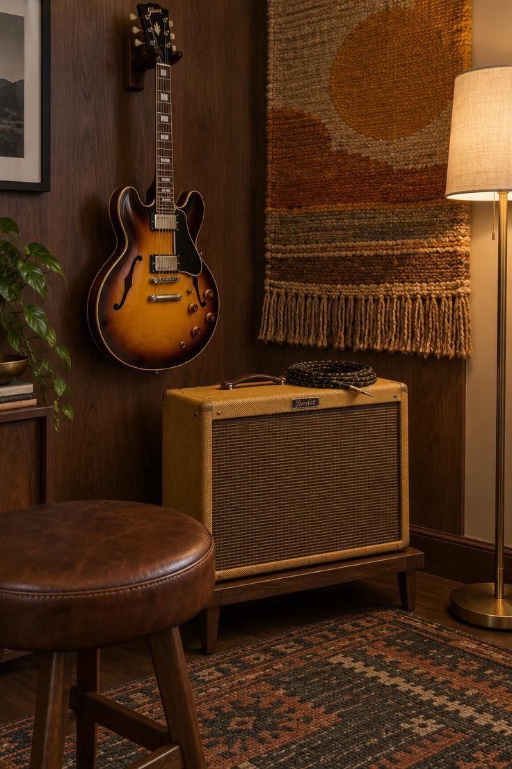 10 Cozy Tiny Man Cave Ideas for a Personal Retreat 8 A small music corner with a sunburst semi-hollow electric guitar on a dark walnut wall hanger, a tweed amp on a low stand below, a coiled cable on top, a round leather stool at an angle, and a charcoal and rust flatweave rug beneath.