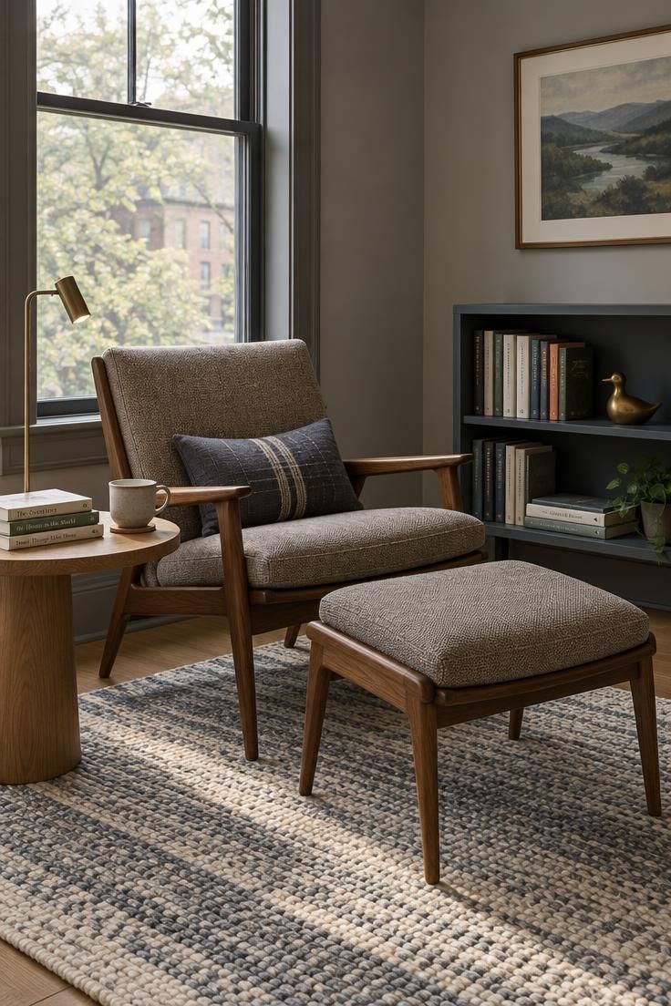 10 Cozy Tiny Man Cave Ideas for a Personal Retreat 9 A spare bedroom reading corner with a mid-century walnut lounge chair and footstool angled to a window, a round oak side table with a reading lamp and paperbacks, a low charcoal two-shelf bookcase, and a cream and slate wool rug.