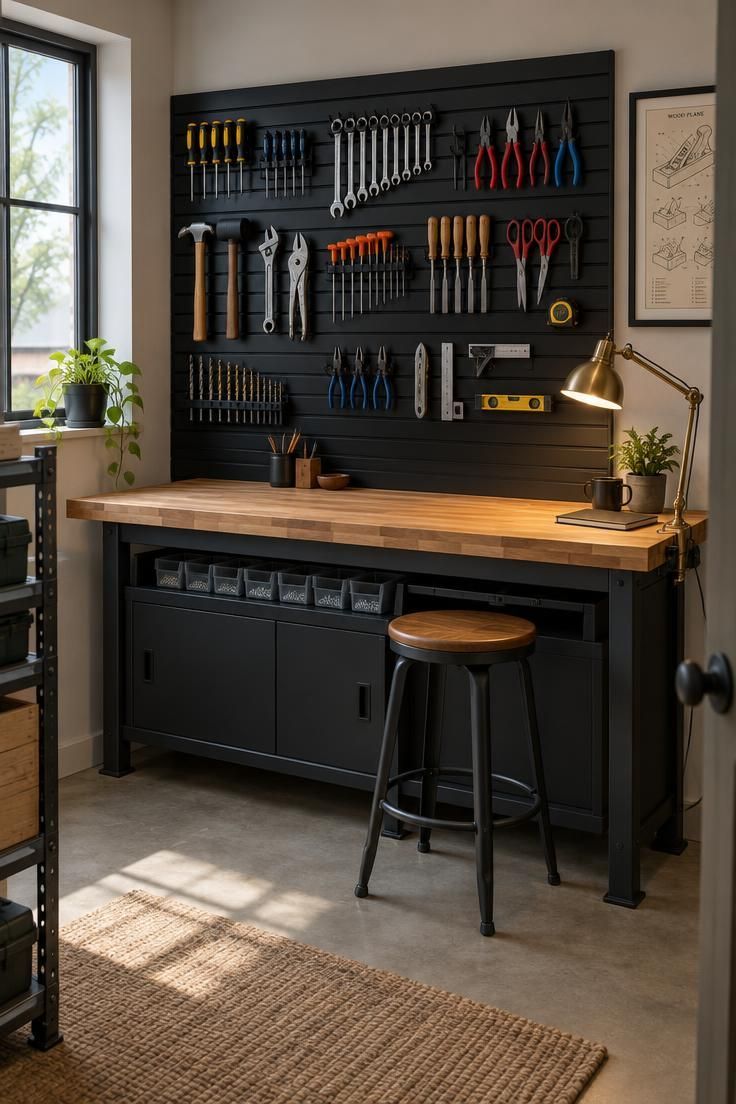 10 Cozy Tiny Man Cave Ideas for a Personal Retreat 10 A workshop corner with a black metal slatwall over a butcher-block workbench, hand tools hung in neat groups on angled hooks, a brass clamp lamp, a black steel stool with a wood seat pushed under, and a matte black lower cabinet hiding parts bins.