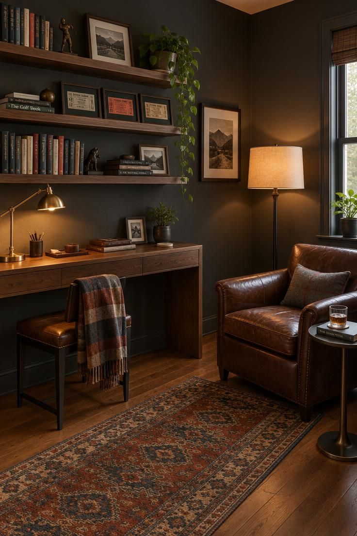 Simple Spaces 24 A cozy tiny man cave in a spare-room corner with charcoal walls, a walnut console desk and floating shelves, a leather-topped stool, a woven rug in rust and slate, a leather club chair with a side table, and warm lamplight mixing with soft daylight.