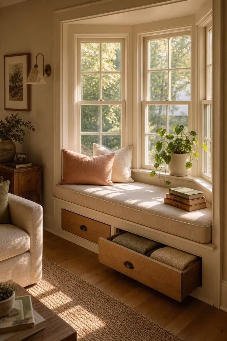 12 Tiny Reading Nook Ideas That Feel Like a Warm Hug 1 A cushioned bay window bench with hidden drawer storage bathed in warm golden afternoon light, with linen pillows and a trailing plant on the sill.