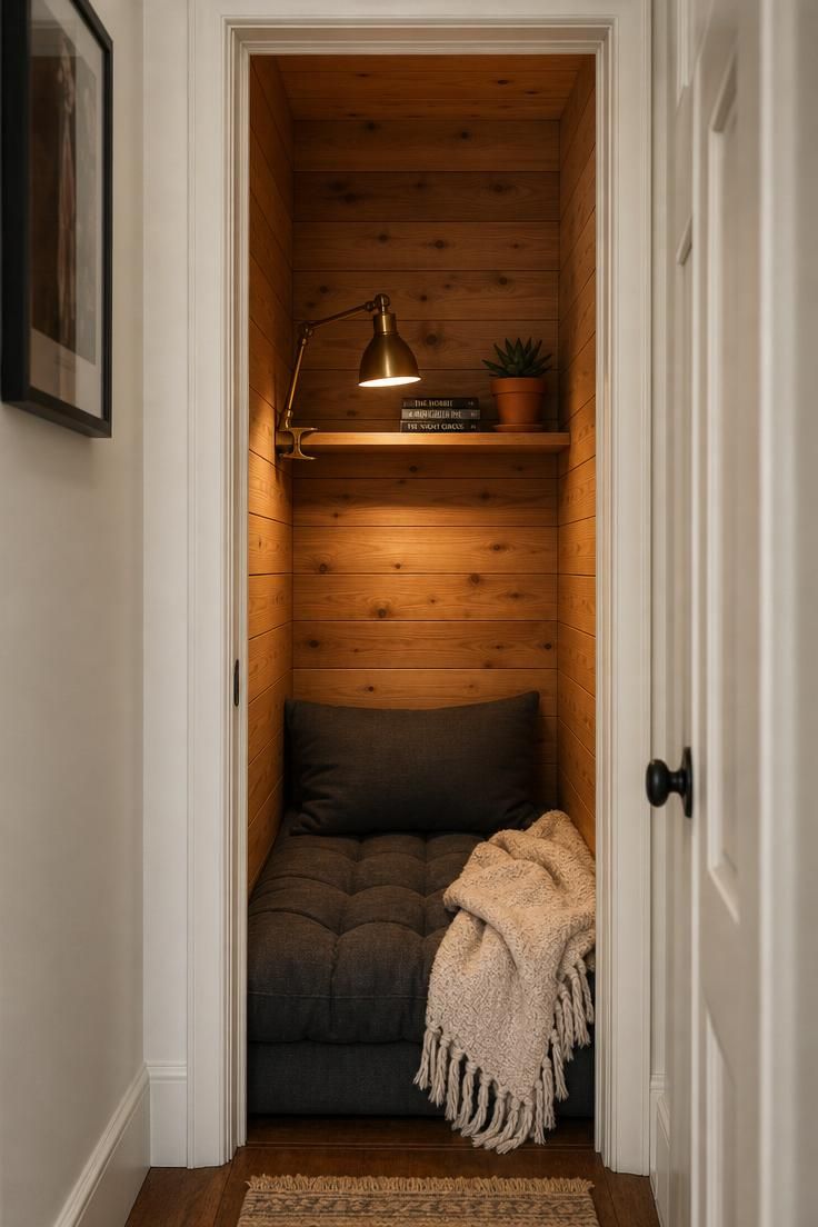 12 Tiny Reading Nook Ideas That Feel Like a Warm Hug 2 A converted hallway closet lined with cedar plank walls, featuring a charcoal floor cushion, brass clip lamp, and floating shelf with books and a succulent.