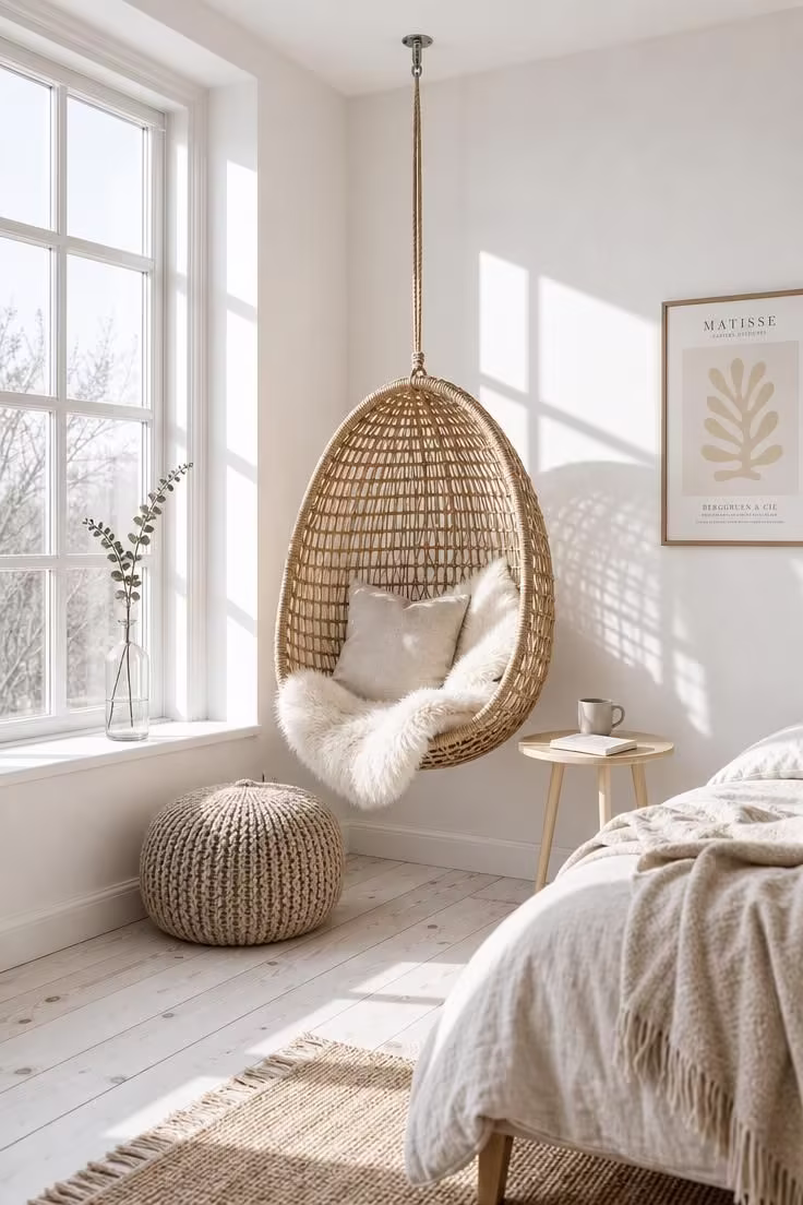 12 Tiny Reading Nook Ideas That Feel Like a Warm Hug 3 A woven rattan hanging chair suspended in a bright bedroom corner with a sheepskin throw, round side table, and midday sunlight casting window shadows on the wall.