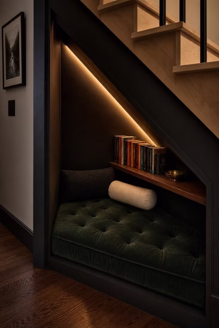 12 Tiny Reading Nook Ideas That Feel Like a Warm Hug 4 An under stairs reading nook in a triangular alcove with a tufted forest green velvet seat pad, LED strip lighting along the stringers, and a narrow ledge shelf with books.