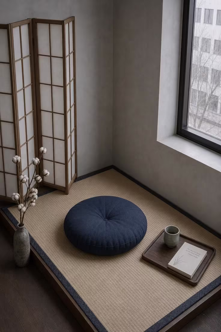 12 Tiny Reading Nook Ideas That Feel Like a Warm Hug 5 A floor-level tatami platform beside a shoji screen with a round indigo zabuton cushion, ceramic tea cup on a wooden tray, and cool overcast light from a bare window.