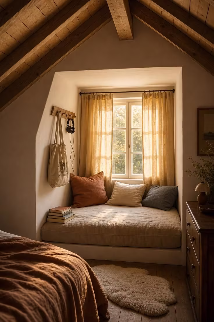 12 Tiny Reading Nook Ideas That Feel Like a Warm Hug 6 A recessed dormer nook filled with a linen-covered foam mattress, warm golden light through curtains, mismatched pillows, and a wooden peg rail above holding a tote bag.