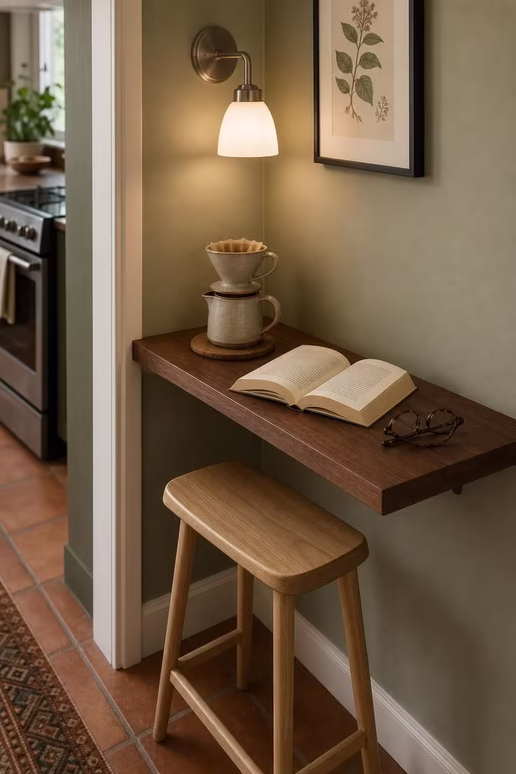 12 Tiny Reading Nook Ideas That Feel Like a Warm Hug 7 A narrow floating shelf desk in walnut along a hallway wall with a coffee dripper, open book, brushed nickel sconce, and slim ash stool tucked underneath.