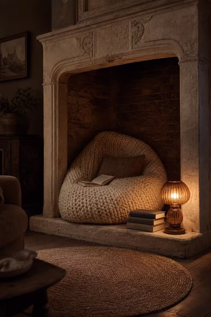 12 Tiny Reading Nook Ideas That Feel Like a Warm Hug 8 A chunky knit bean bag in cream wool tucked into a non-working fireplace alcove with dark exposed brick, a small amber glass lamp on the hearth, and stacked linen-spine books.
