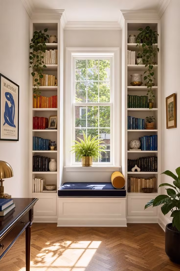 12 Tiny Reading Nook Ideas That Feel Like a Warm Hug 9 A window seat reading nook framed by two tall white open bookshelves filled with color-sorted books and trailing pothos, a navy linen cushion with white piping, and bright midday light from the window.