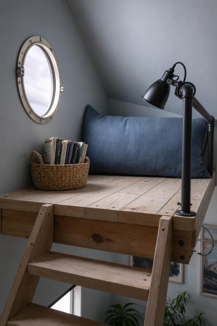 12 Tiny Reading Nook Ideas That Feel Like a Warm Hug 10 A loft ladder landing reading nook with a washed denim bolster pillow, matte black clip lamp clamped to the railing, seagrass basket of paperbacks, and cool overcast light from a porthole window.