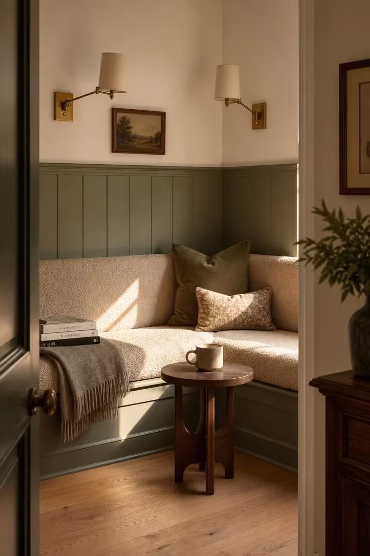 12 Tiny Reading Nook Ideas That Feel Like a Warm Hug 11 A corner bench reading nook with oatmeal boucle upholstery, sage green tongue-and-groove paneling behind, a pair of brass sconces above, and warm golden light angling across the seat.