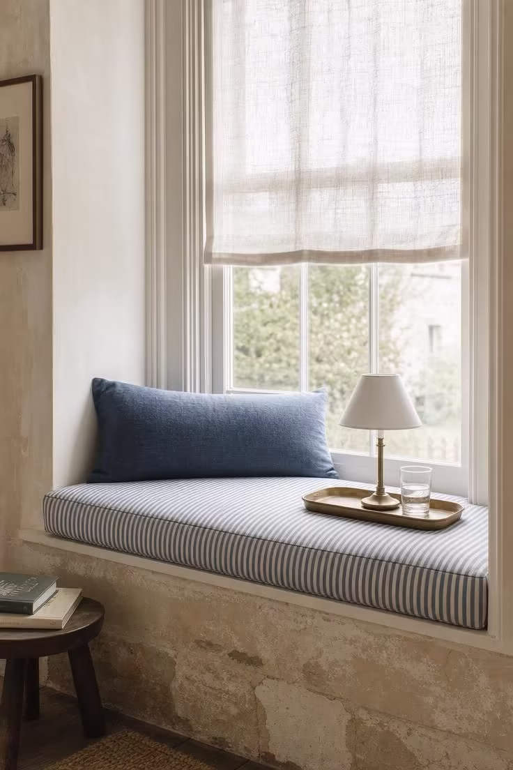 12 Tiny Reading Nook Ideas That Feel Like a Warm Hug 12 A deep windowsill reading nook with a custom ticking-stripe mattress, faded indigo lumbar pillow, brass tray holding a small lamp and water glass, and soft diffused light through a sheer panel.