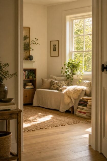 12 Tiny Reading Nook Ideas That Feel Like a Warm Hug A bright living room corner with a linen-covered bench reading nook beneath a tall window, bathed in warm golden afternoon light, with a sheepskin throw, stacked books, and a trailing plant on the sill.