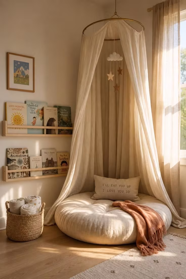 14 Dreamy Toddler Reading Nook Ideas for Little Readers 1 Oatmeal linen round floor cushion beneath a cotton gauze canopy with birch book rails in a sunlit nursery corner