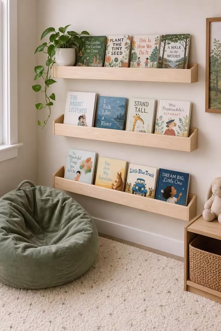 14 Dreamy Toddler Reading Nook Ideas for Little Readers 2 Sage green velvet bean bag beneath three staggered birch plywood book ledges with front-facing children's books on a cream wall