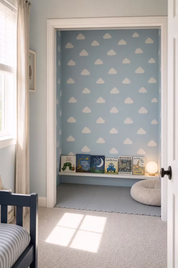 14 Dreamy Toddler Reading Nook Ideas for Little Readers 3 Repurposed closet lined with blue and white cloud wallpaper, gray foam floor mat, and a low shelf of board books