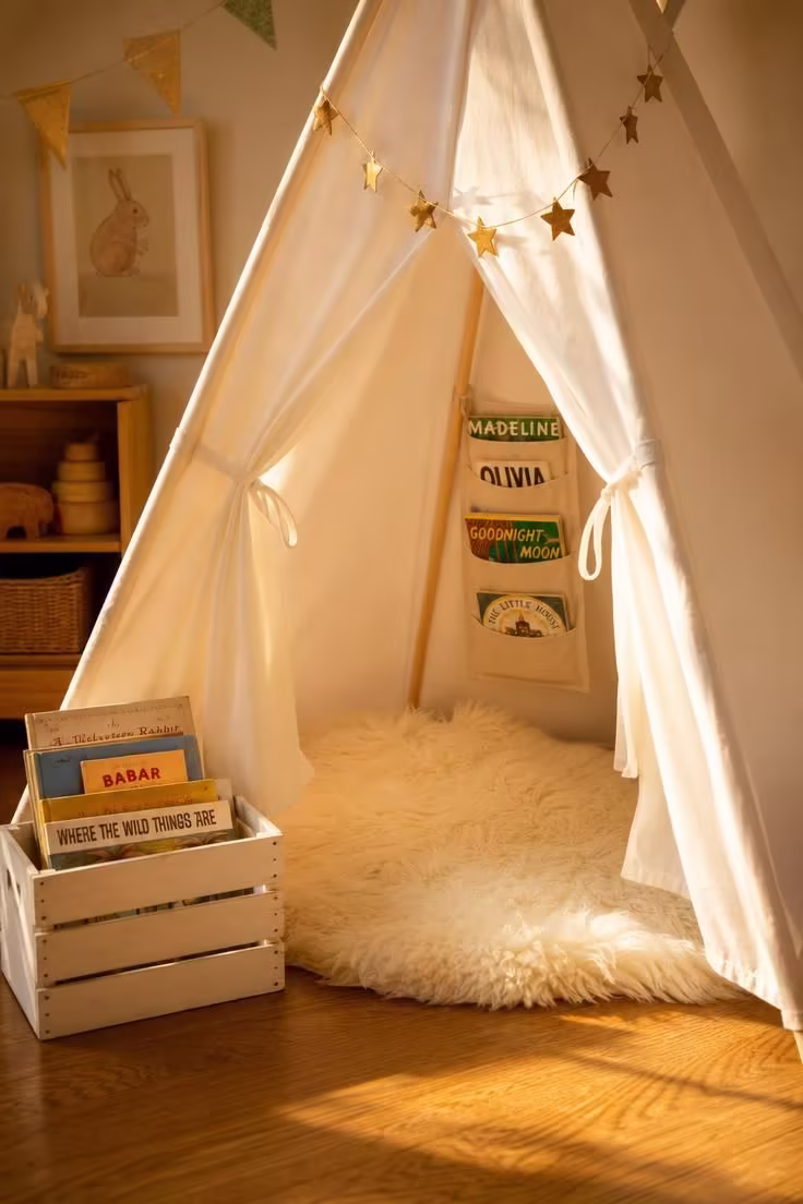 14 Dreamy Toddler Reading Nook Ideas for Little Readers 4 Natural white cotton teepee with faux sheepskin throw, canvas book pockets on the pole, and a wooden crate of books outside the entrance