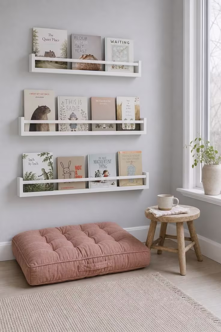 14 Dreamy Toddler Reading Nook Ideas for Little Readers 5 Three white spice rack shelves with face-forward books above a dusty rose tufted floor pillow on a pale gray wall
