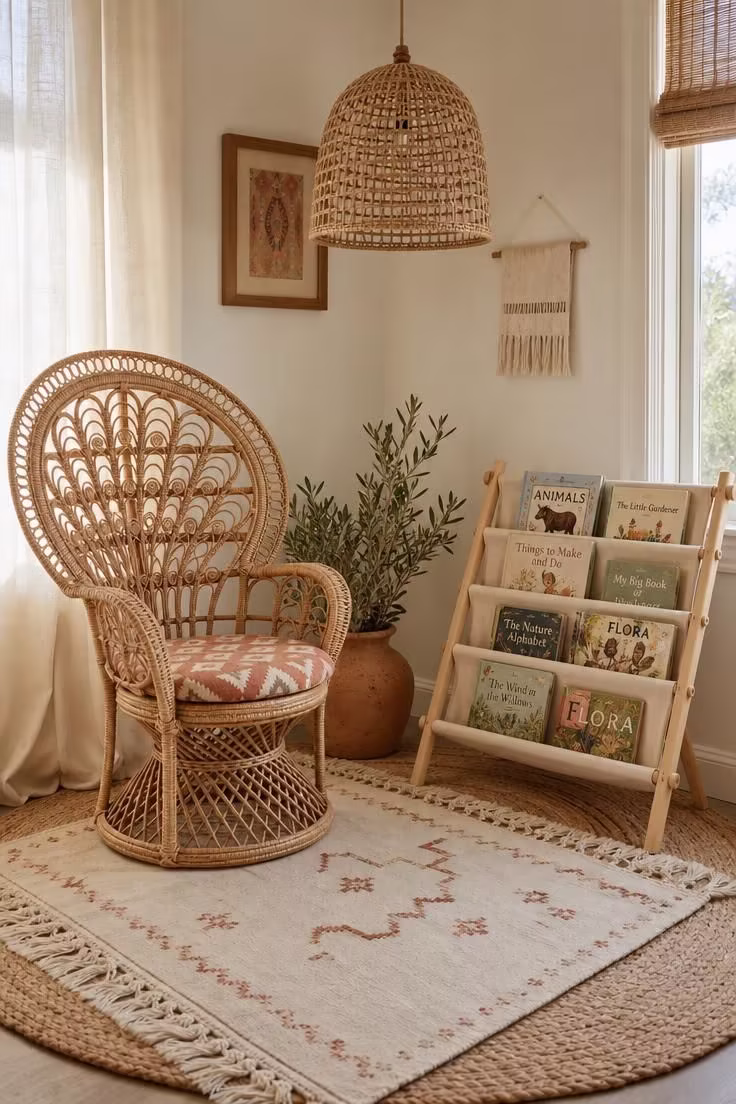 14 Dreamy Toddler Reading Nook Ideas for Little Readers 6 Child-sized rattan peacock chair with kilim cushion beside a fabric sling bookcase in a bright corner with layered rugs