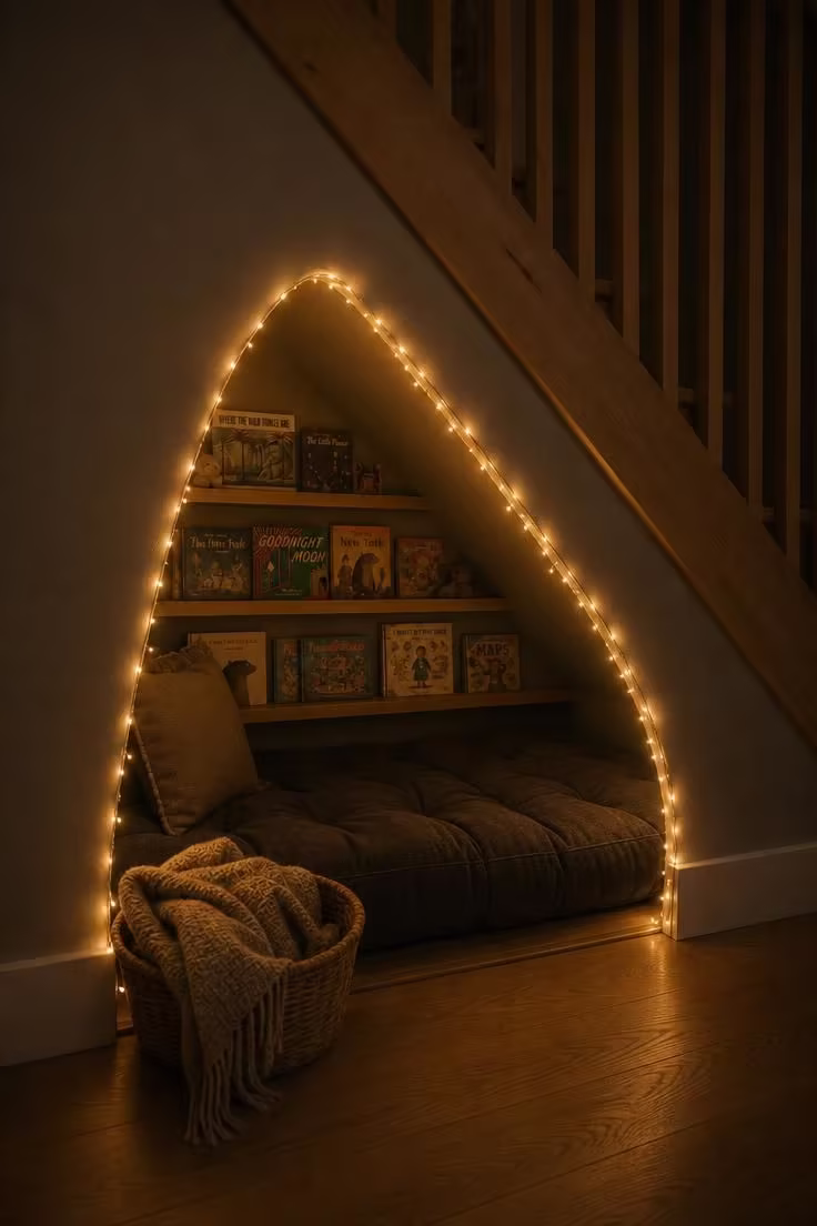 14 Dreamy Toddler Reading Nook Ideas for Little Readers 7 Under-staircase toddler reading nook with angled recessed shelves, a fairy light canopy framing the opening, and a charcoal floor cushion