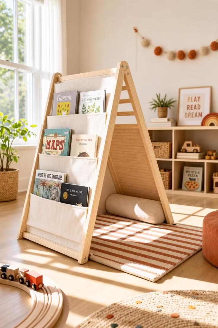 14 Dreamy Toddler Reading Nook Ideas for Little Readers 8 Natural pine A-frame bookshelf with canvas book pockets on one side and a striped rug inside, sunlit in a bright playroom